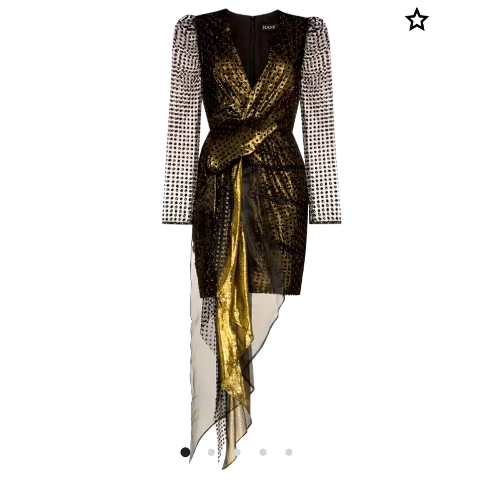 Haney Simone Metallic V-Neck Long-Sleeve Drape Front Mini Dress